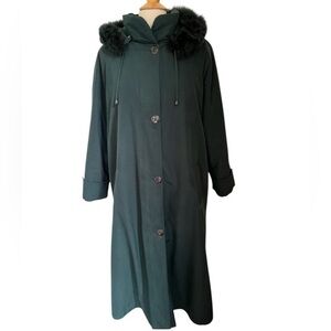 Nuage Vintage Maxi Hunter Green shimmer Winter Coat w/hood & fur trim Size 10